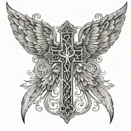 A cross adorned with intricate angel wings in a blackwork style tattoo design idea