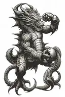 A fierce dragon intertwining with a pair of boxing gloves, symbolizing strength and determination in kickboxing tattoo design idea