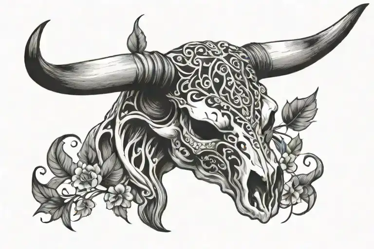 bull skull with horizontal vines on each side tattoo design idea