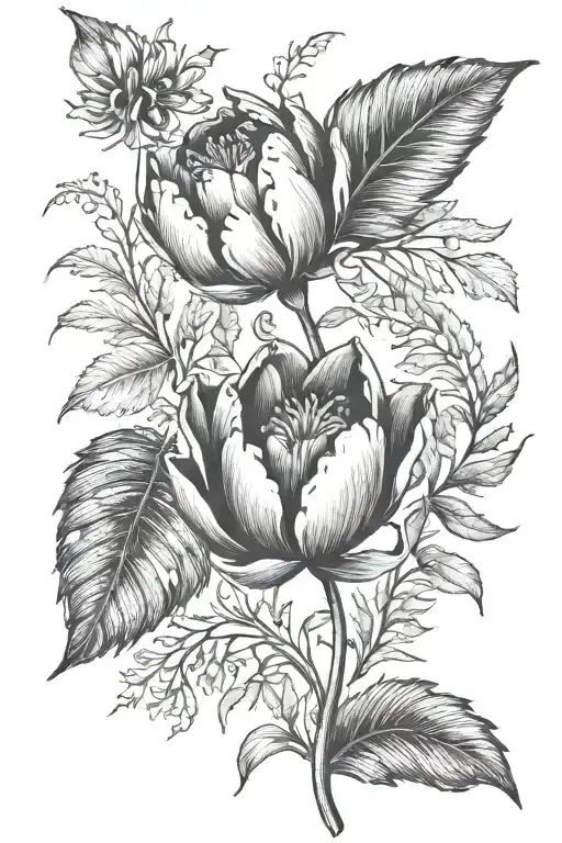 Dutch tulip and New Zealand fern leaf intertwined tattoo design idea