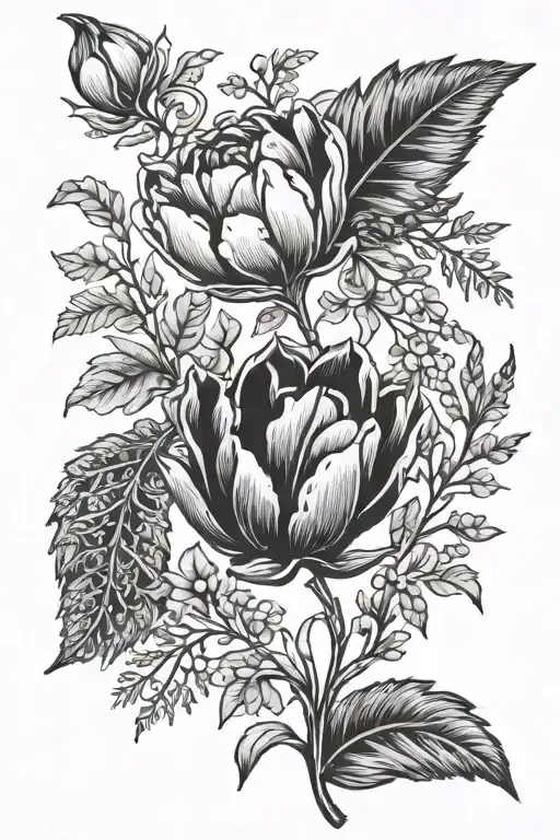 Dutch tulip and New Zealand fern leaf intertwined tattoo design idea