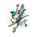 American traditional bird on a branch tattoo design idea