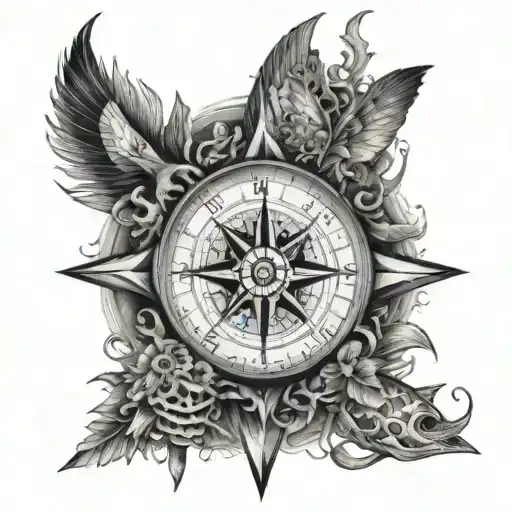 compass surrounded by sea creatures emerging tattoo design idea