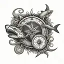 compass surrounded by shark octopus eel fish emerging tattoo design idea