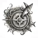 compass surrounded by shark octopus eel fish emerging tattoo design idea