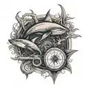 compass surrounded by shark octopus eel fish emerging tattoo design idea