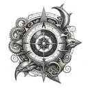 compass surrounded by shark octopus eel fish emerging tattoo design idea