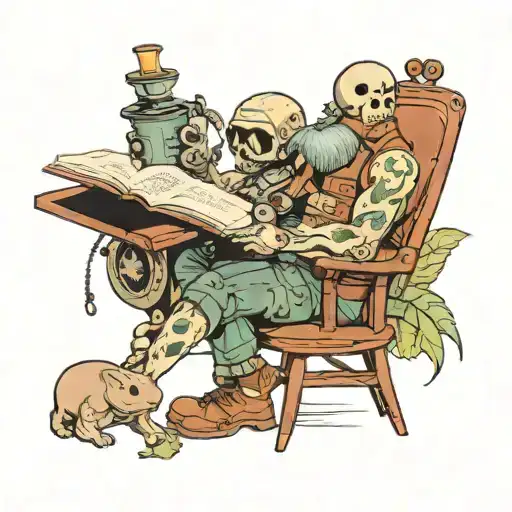 Tattoo of a veteran father reading a science book with a Kodama spirit in the background tattoo design idea