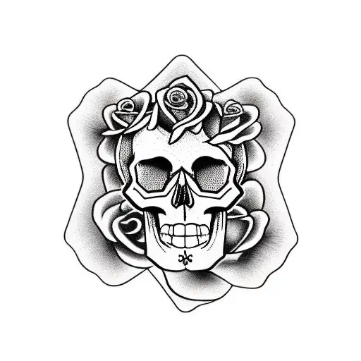 Skull with Roses and a badge under it with the name Rose inside it tattoo design idea