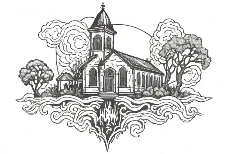 burning church silhouette tattoo design idea