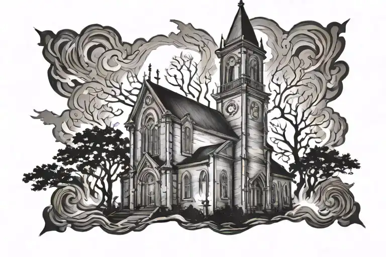 burning church silhouette tattoo design idea