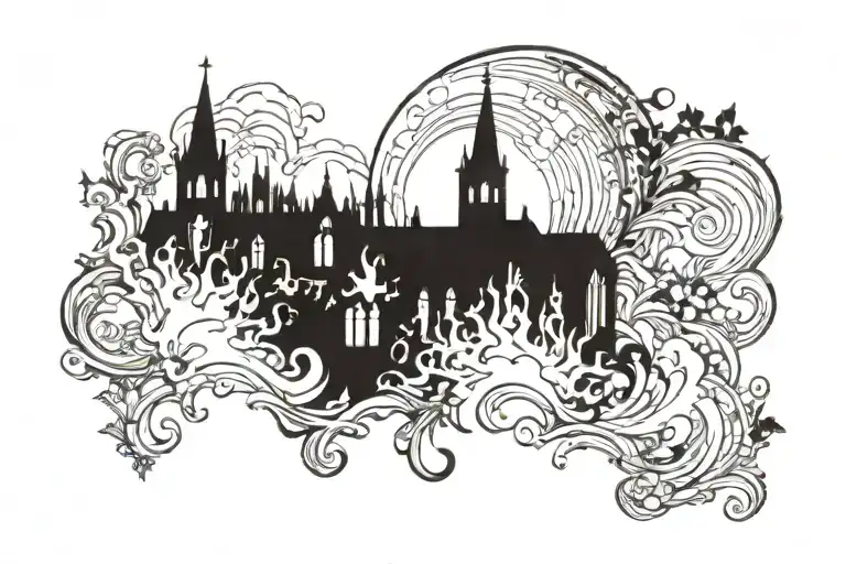 burning church silhouette tattoo design idea