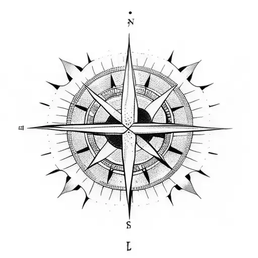A dotwork tattoo of a compass with a sun in the center, representing the journey of life and finding one's direction tattoo design idea