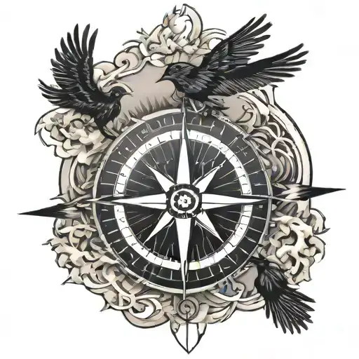 negative space sun rays with a compass and crows flying overhead tattoo design idea