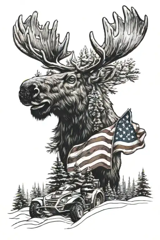 pine tree, moose. American flag, snow, snowmobiling  tattoo design idea