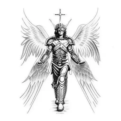 Arm Sleeve Archangel Michael with armor  descending from the heavens to fight demons scenic tattoo tattoo design idea