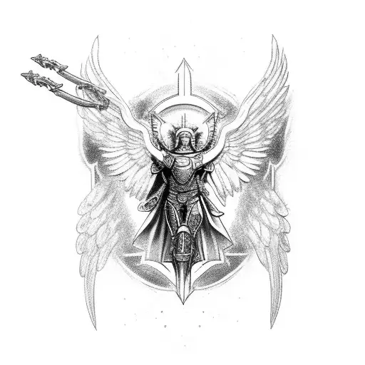 Arm Sleeve Archangel Michael with armor  descending from the heavens to fight demons tattoo design idea