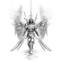 Arm Sleeve Archangel Michael with armor  descending from the heavens to fight demons tattoo design idea
