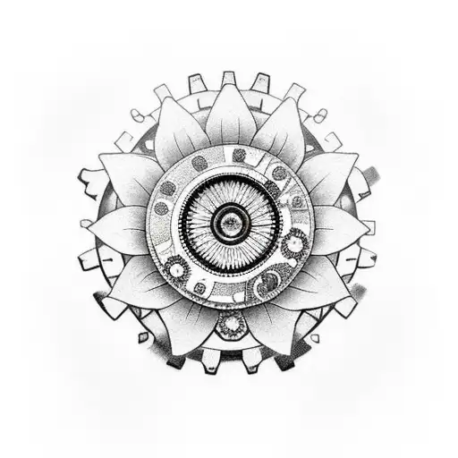 rose with sunflower and gears and cogs tattoo design idea