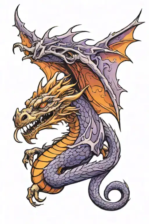 Design a tattoo of a realistic swooping dragons head and upper body with wings outstretched in orange , purple and red tattoo design idea