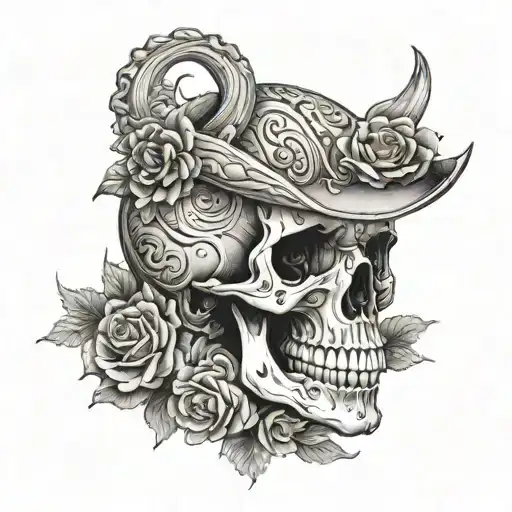A detailed skull adorned with horse motifs and flowers, symbolizing La muerte tattoo design idea