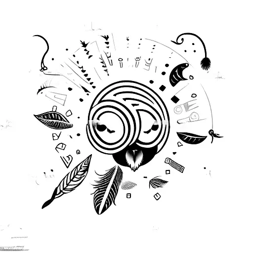 Dice d10 with pygmy owl, bird feather and moth tattoo design idea