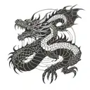 A futuristic cyberpunk interpretation of a traditional Japanese dragon, incorporating elements of BI data visualizations tattoo design idea