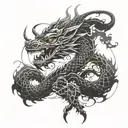 A futuristic cyberpunk interpretation of a traditional Japanese dragon, incorporating elements of BI data visualizations tattoo design idea