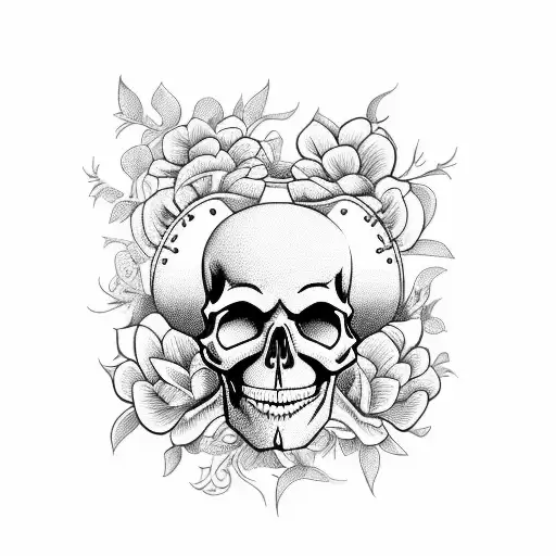 Musician Skull and cempasuchil flowers tattoo design idea