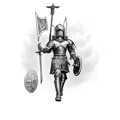 Gladiator with full body. Wearing sword and shield. Looking brave and fearless tattoo design idea
