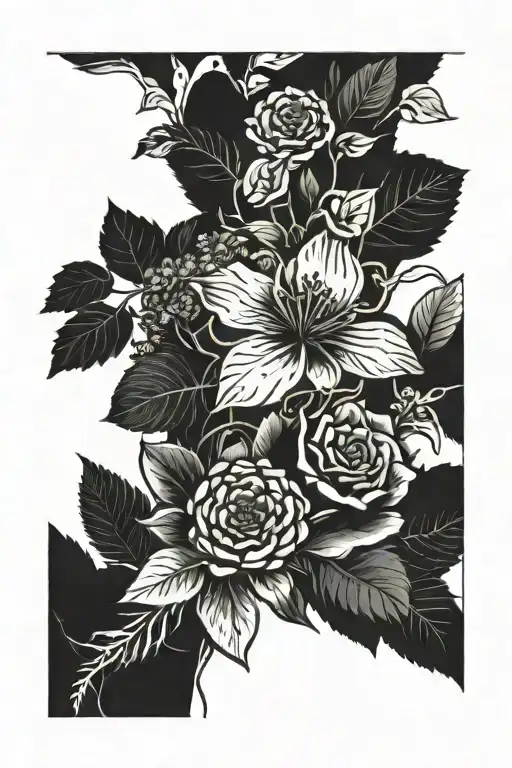 A botanical sleeve tattoo featuring various plants and flowers intertwined with symbols of growth and learning, symbolizing your passion for taking care of plants and being a student tattoo design idea