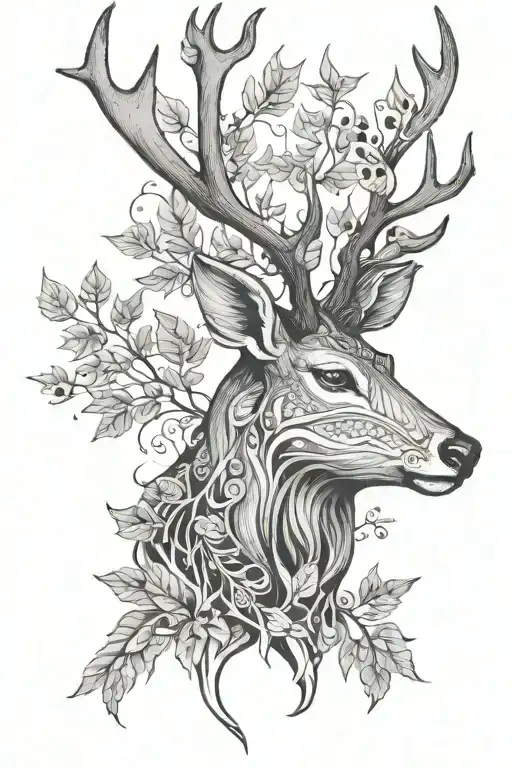 surreal stag with leaves tattoo design idea