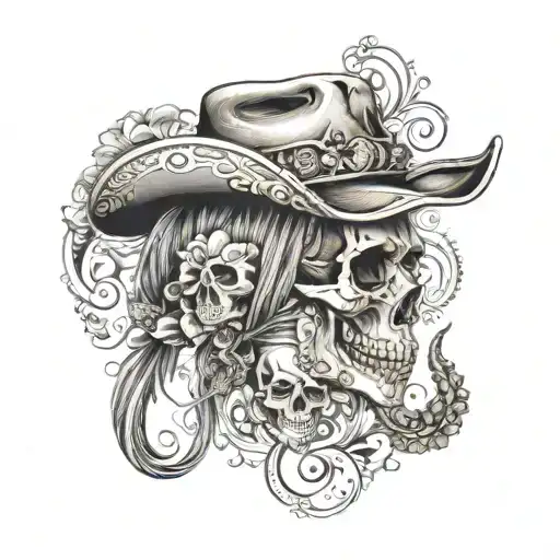 western style with paisley, horse hoof prints fading, and skull cowgirl tattoo design idea