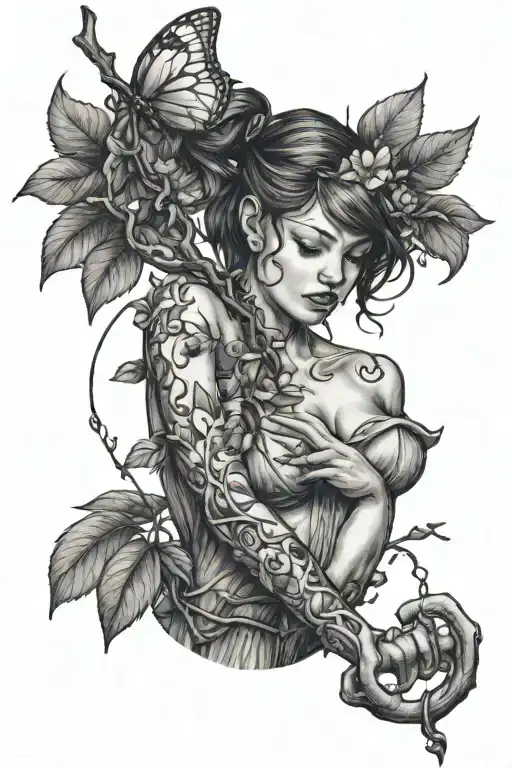 A fairy resewing a scar bigger than her ; the reel of the thread she is using lays on a cherry tree branch. tattoo design idea