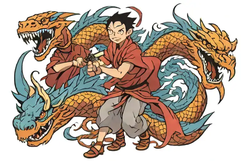 zuko and aang doing the dragon dance with red and blue dragons wrapping around  tattoo design idea