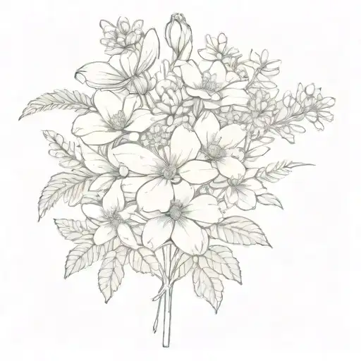 a fine flower bouquet with stems with a jatropha, an eglantine, a reseda, a euryops, a Malope and a yucca one line tattoo design idea