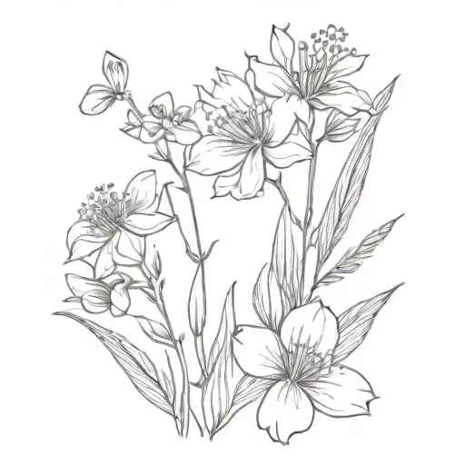 a fine flower bouquet with stems with jatropha, eglantine, reseda, euryops, Malope and yucca tattoo design idea