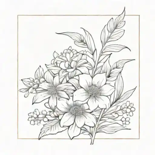 a bouquet of flowers with jatropha, wild eglantine, reseda, euryops, malope and yucca tattoo design idea