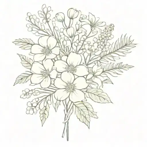a fine flower bouquet with stems with a jatropha, an eglantine, a reseda, a euryops, a Malope and a yucca tattoo design idea