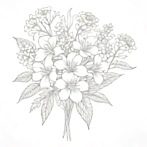 a fine flower bouquet with stems with a jatropha, an eglantine, a reseda, a euryops, a Malope and a yucca tattoo design idea