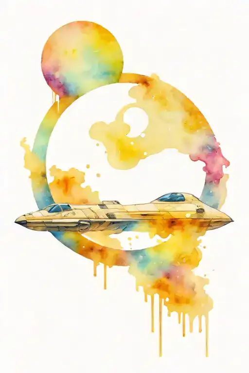 Space theme, colourful nebulae, stargate portal at bottom, spaceships around tattoo design idea