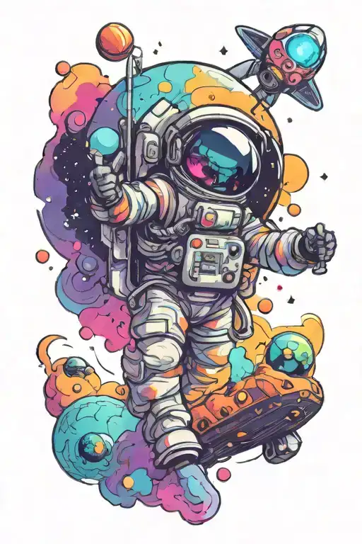 space theme, colourful nebulae, 2 spaceships, tiny astronaut tattoo design idea