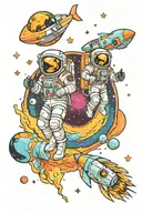 space theme, colourful nebulae, 2 spaceships, one astronaut, wormhole in background tattoo design idea