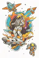space theme, colourful nebulae, 2 spaceships, one astronaut, wormhole in background tattoo design idea