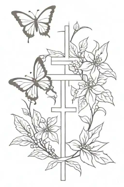 cross and holly flowers with butterflies  tattoo design idea