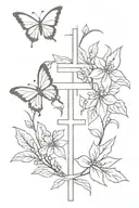 cross and holly flowers with butterflies  tattoo design idea