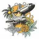 Space shuttle and exhaust cloud, sun, palm tree and the numbers "321" at the bottom tattoo design idea