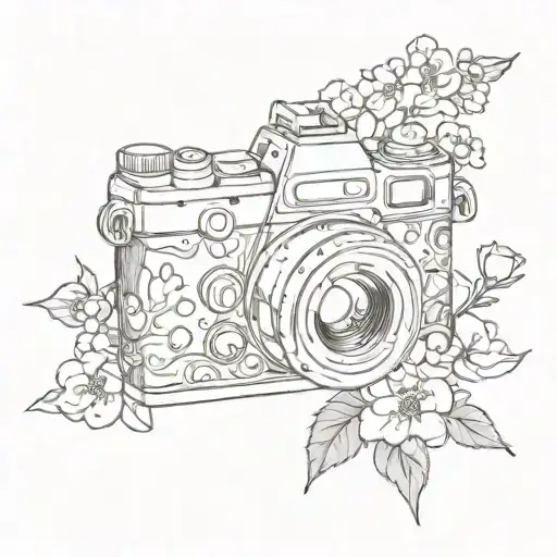 A film camera with Japanese cherry blossoms and anime symbols tattoo design idea