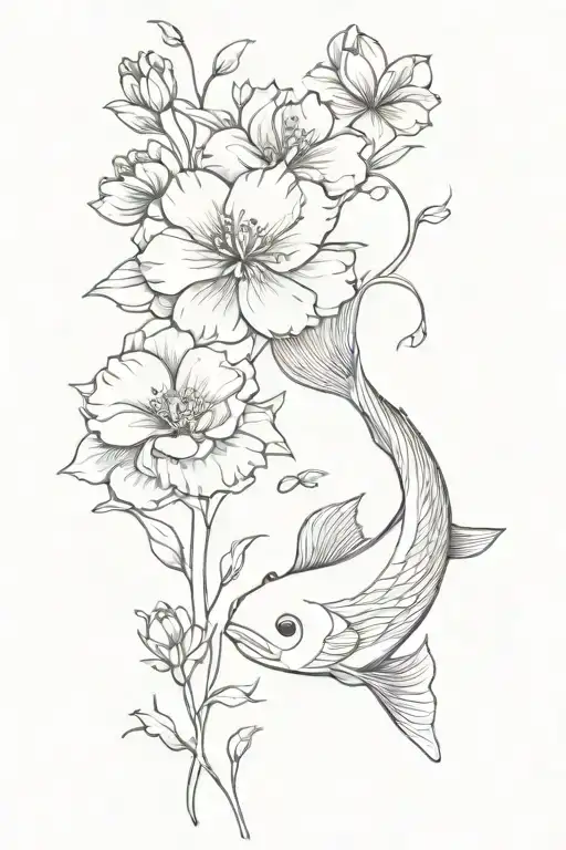 coi fish swimming and flowers blooming tattoo design idea