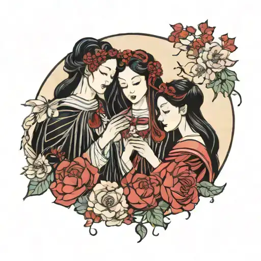 the Three Fates holding a red thread that has falling flowers attached to the thread tattoo design idea